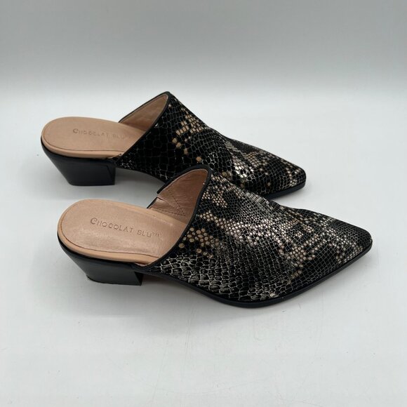Chocolat Blu Women's Leather CLINT Black & Gold Snakeskin Print Mules Size 36 - Picture 5 of 7